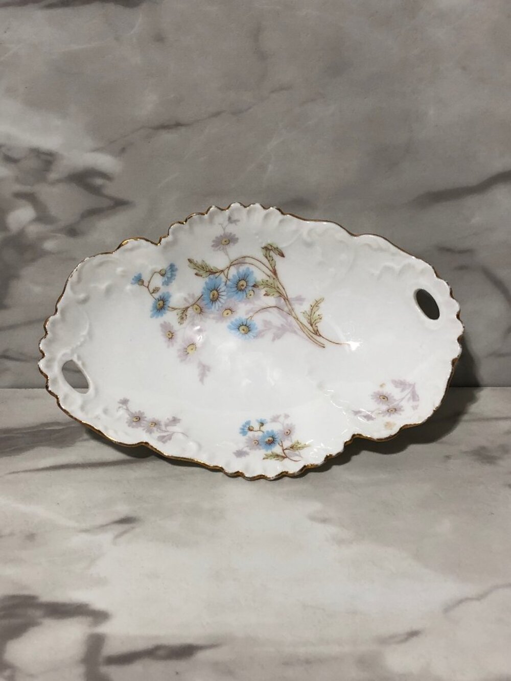 Limoges France Vintage Blue Floral Trinket Candy Dish Scalloped Gold Trim